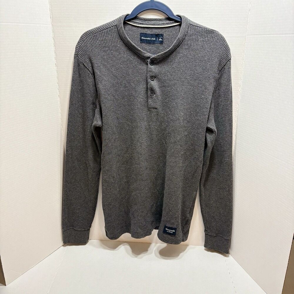 Abercrombie & Fitch Mens Henley Shirt Large Grey Waffle Knit Long Sleeve Cotton